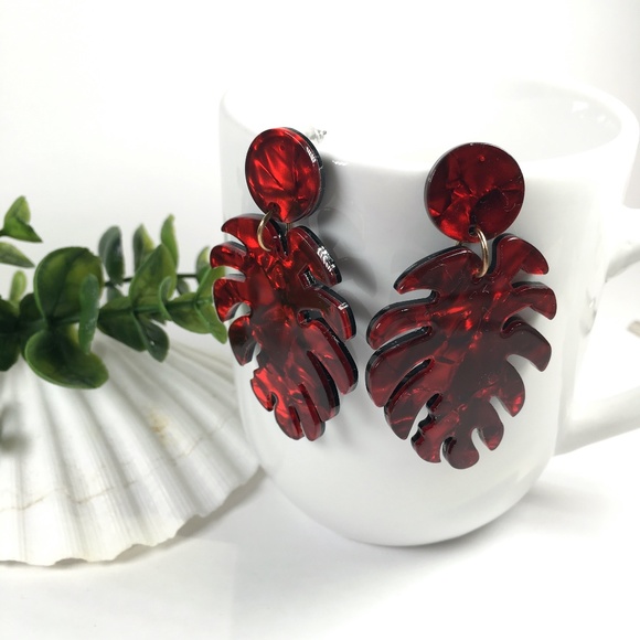 Acrylic Resin Leaf Dangle Drop Earrings (Dk.) - Picture 1 of 5